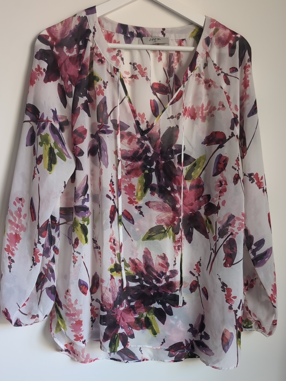 Soon UK Sheer White Floral Tie-Neck Blouse with Pink, Purple & Green Print